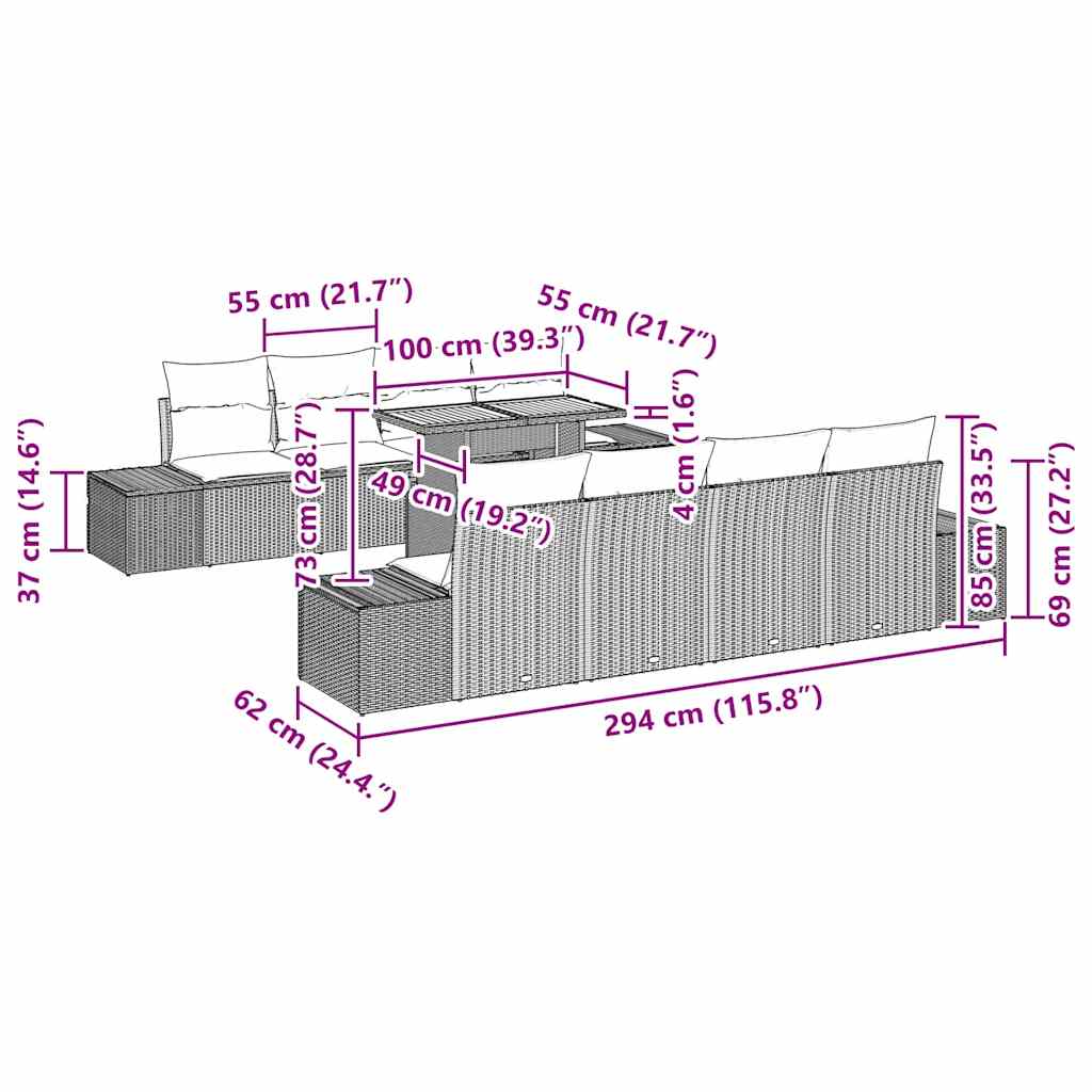 vidaXL Σετ Κήπου 9 Τεμαχίων με Μαξιλάρια Γκρι Πολυ Ράτανα Ακακία