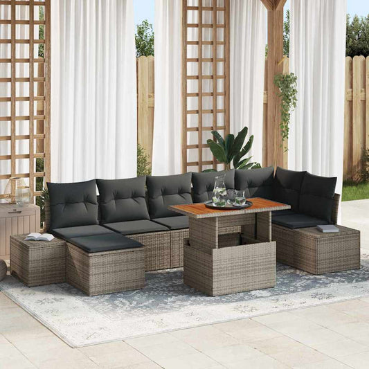 vidaXL Set Φαγητού Κήπου 8 Τεμαχίων με Μαξιλάρια Γκρι Πολυ Ράτανα Ακακία