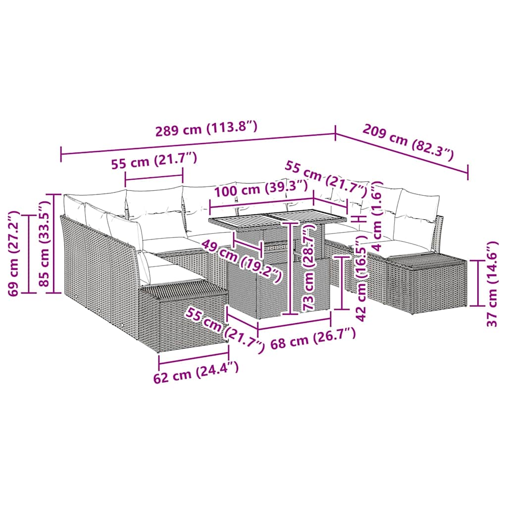 vidaXL 10 τεμαχίων σετ τραπεζαρίας κήπου με μαξιλάνια μπεζ πολυράταν και ακακία