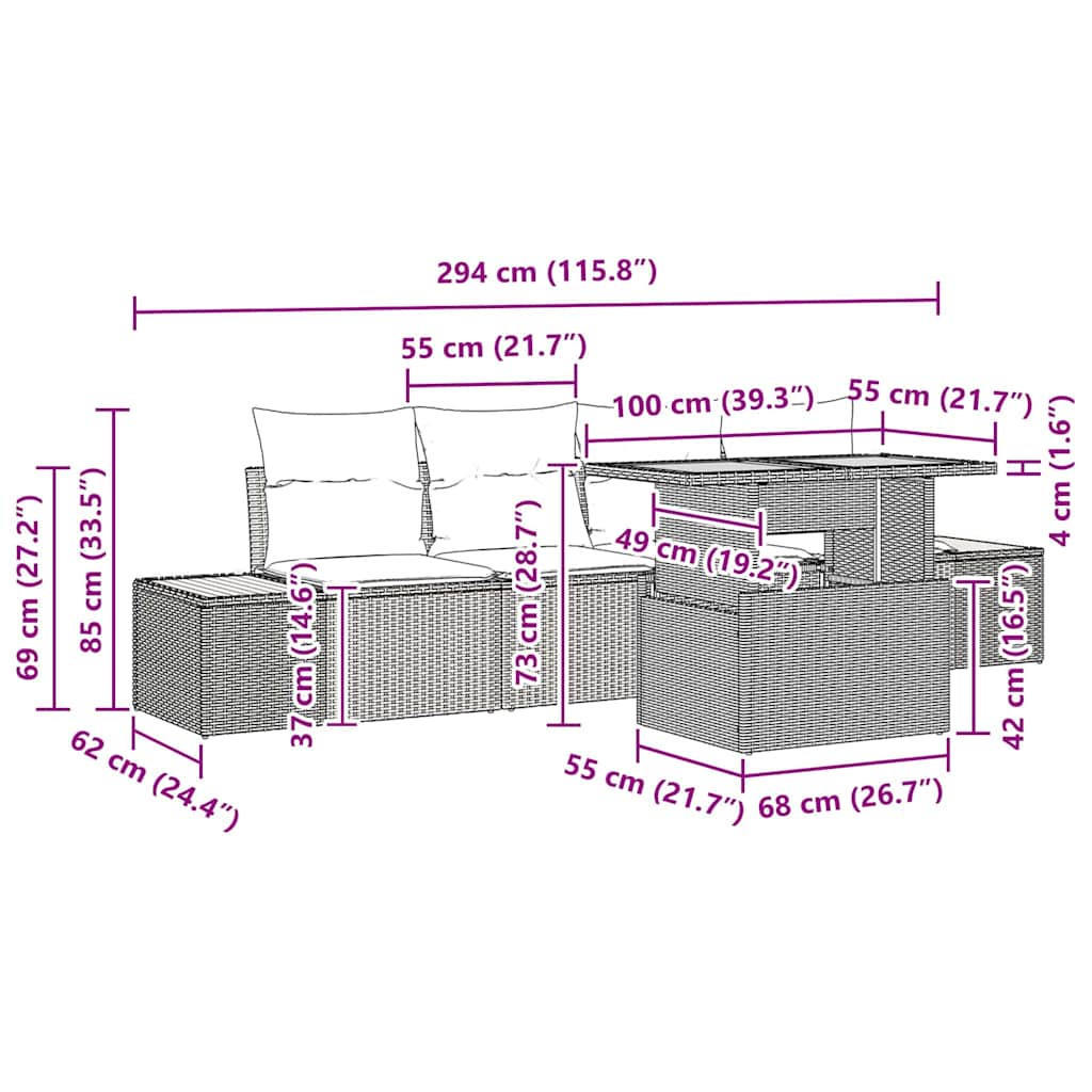 vidaXL σετ κήπου 5 τεμαχίων με μαξιλάρια γκρι πολυκαρβονικό ρατάν ακακία