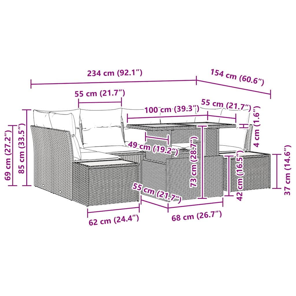 vidaXL Σετ Κήπου 7 Τεμαχίων με Μαξιλάρια Γκρι Πολυ Ρατάν Ακακία