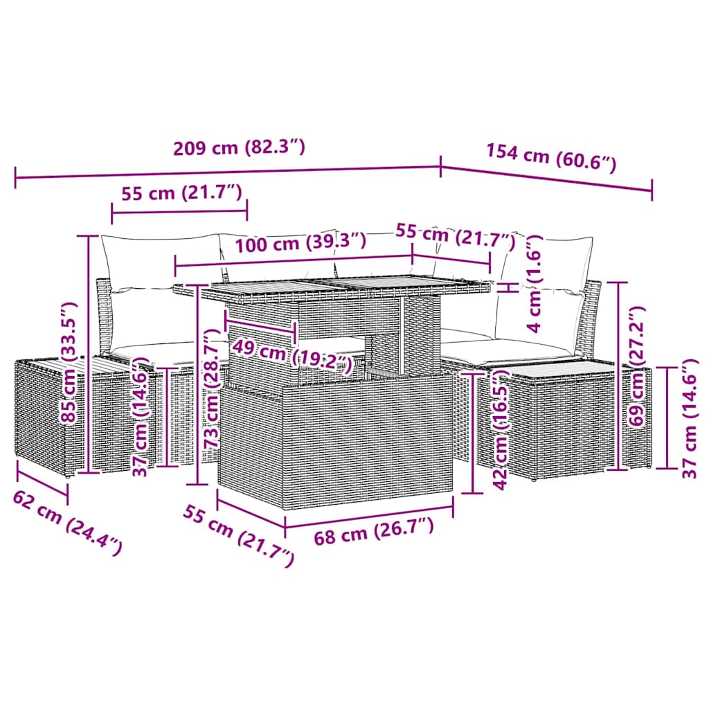 vidaXL σετ εστίασης κήπου 5 κομματιών με μαξιλάρια Μαύρο Πολυ rattan Ακακία