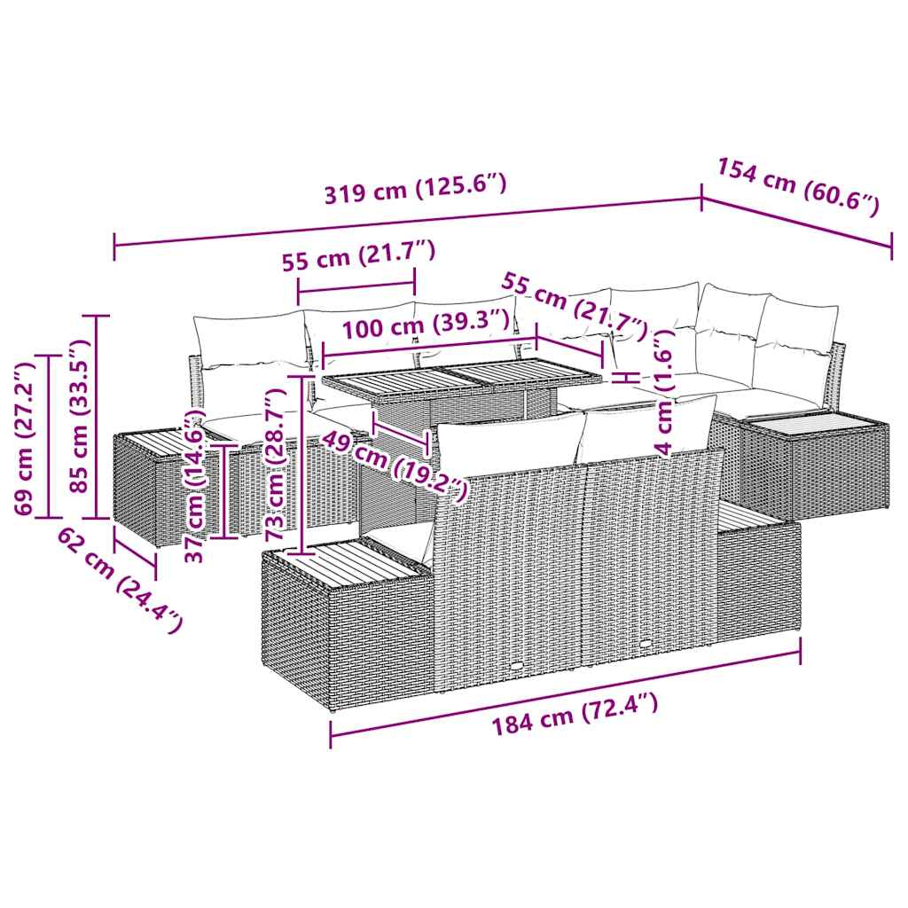 vidaXL σετ τραπεζαρίας κήπου 9 τμχ με μαξιλάρια μαύρο πολυ-ρατάν ακακία