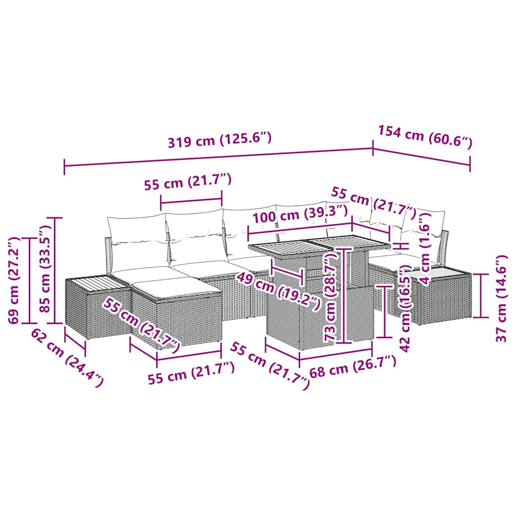 vidaXL 8 κομμάτια σετ εξωτερικής τραπεζαρίας με μαξιλάρια Γκρι Πολυ Ράτανα Ακακίας