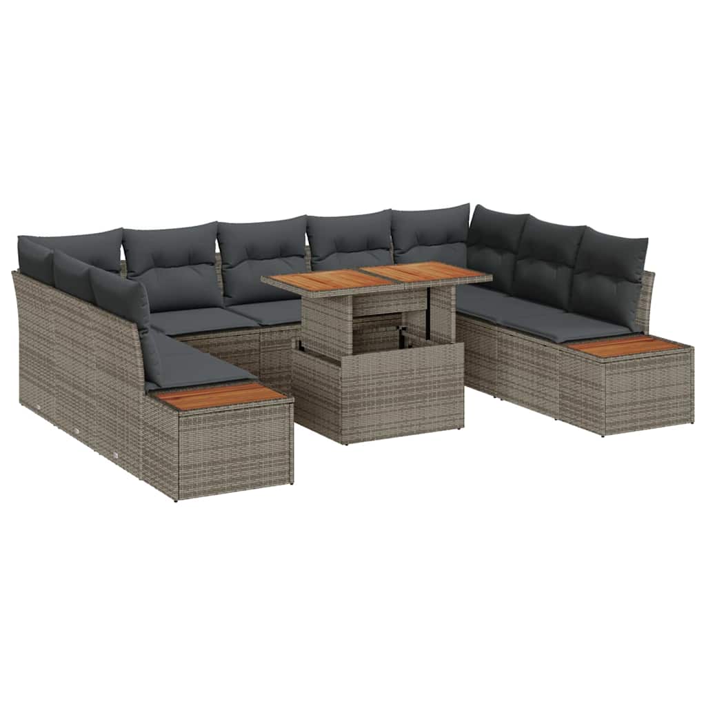 vidaXL Σετ Καθιστικού Κήπου 10 Τεμαχίων με Μαξιλάρια Γκρι Πολυ Ράταν Ακακία