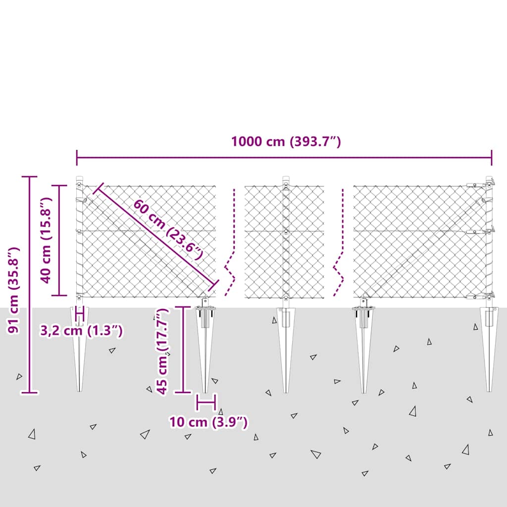 vidaXL Φράχτης από αλυσίδα με στήλες Ασημί 0.4 x 10 μ Ατσάλι
