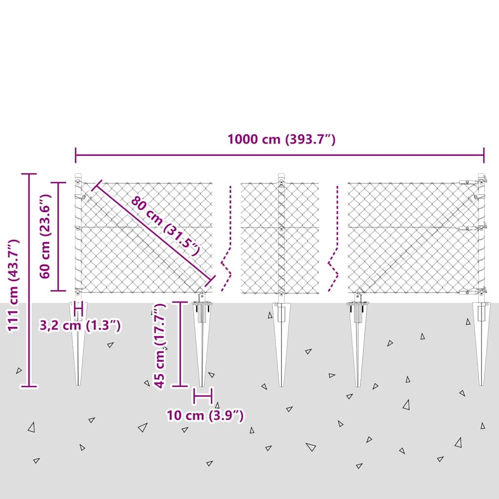 vidaXL Φράχτης από αλυσίδα με στήλες Ασημί 0.6 x 10 μ Ατσάλι