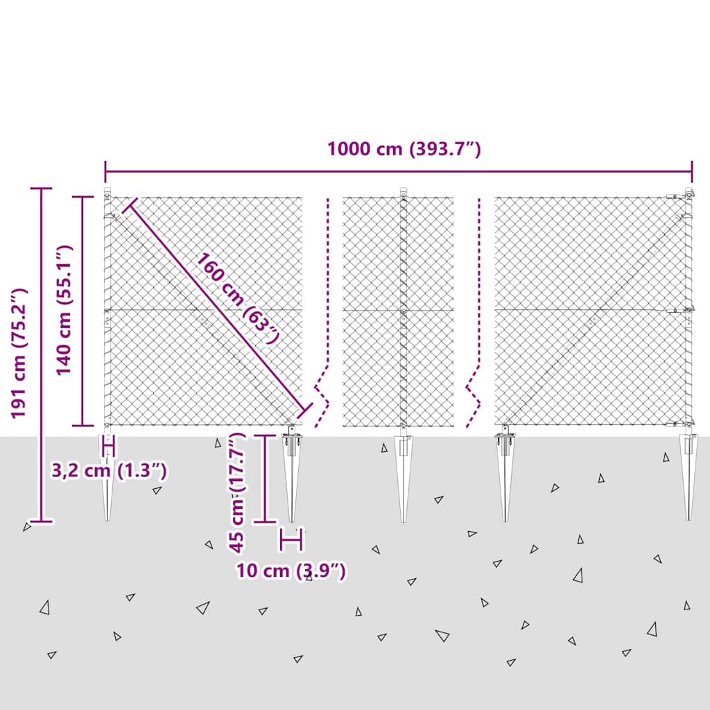 vidaXL Φράχτης από αλυσίδα με στήλες Ασημί 1.4 x 10 m Ατσάλι