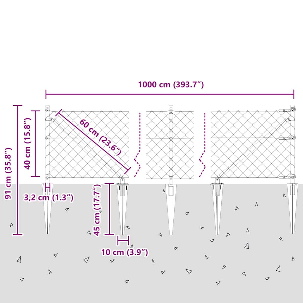 vidaXL Φράχτης από αλυσίδα με στήλες Ασημί 0.4 x 10 μ Ατσάλι