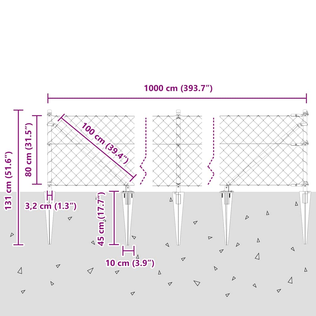vidaXL Φράχτης από αλυσίδα με στήλες Ασημί 0.8 x 10 m Ατσάλι