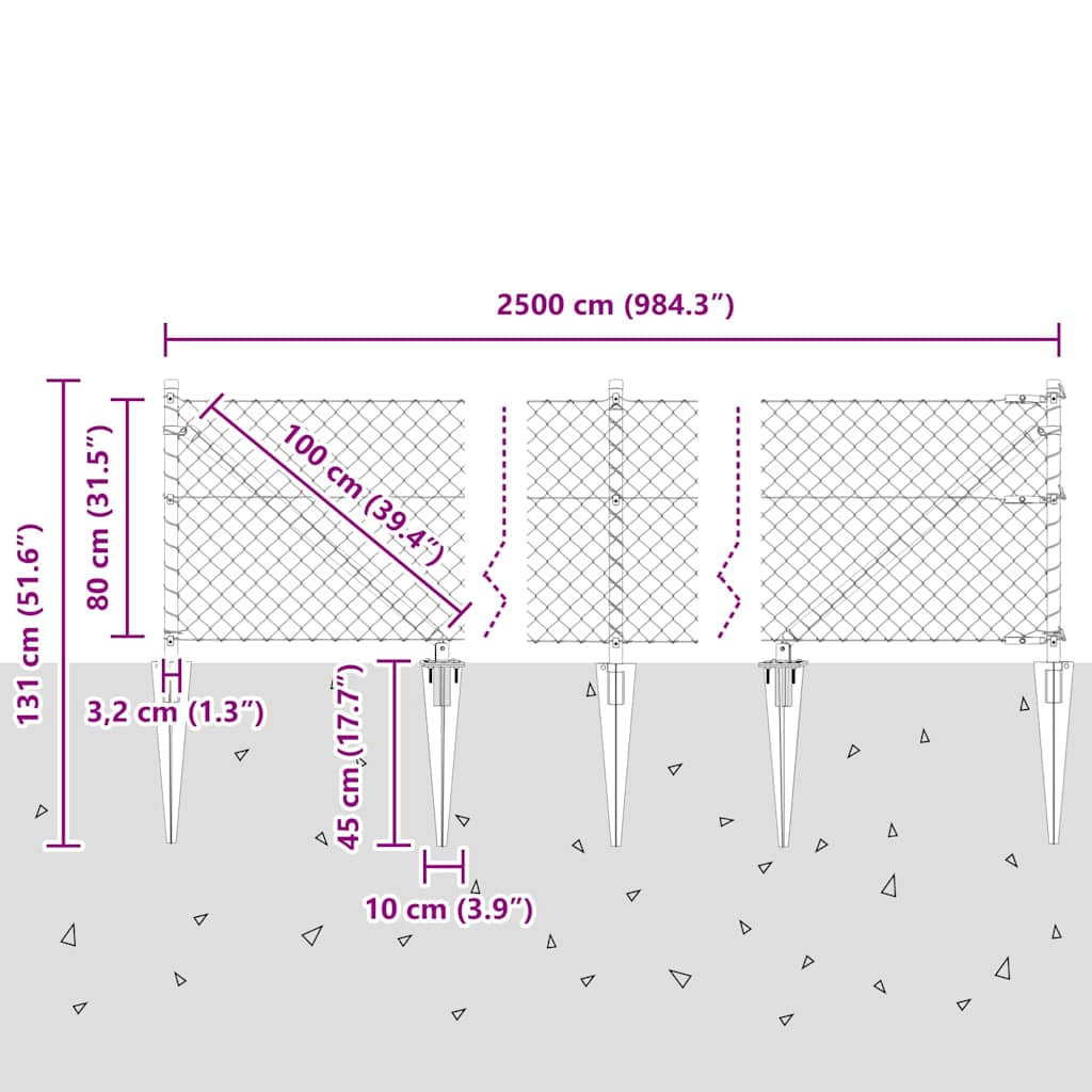vidaXL Φράχτης από αλυσίδα με στήλες Ασημί 0.8 x 25 m Ατσάλι