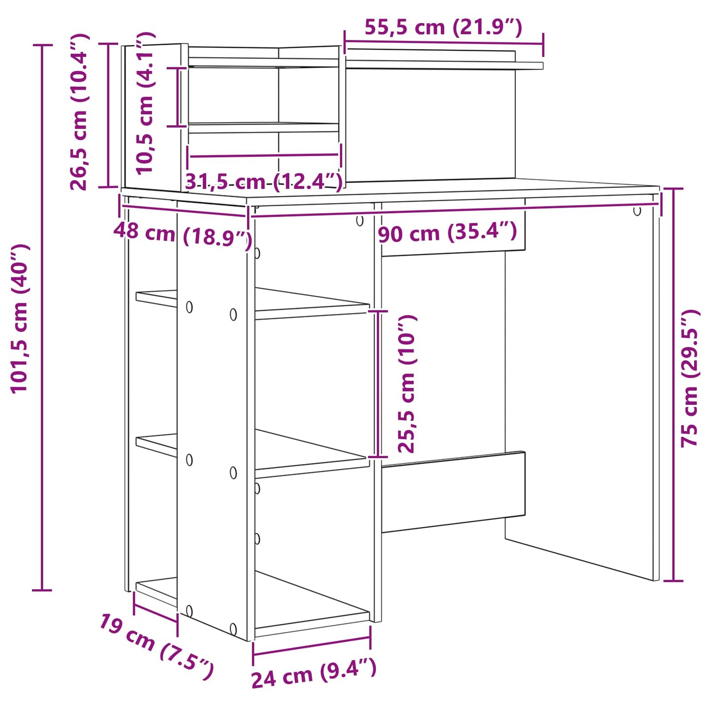 vidaXL Γραφείο με Αποθήκευση με ράφι Λευκό 90 x 48 x 101.5 εκ.