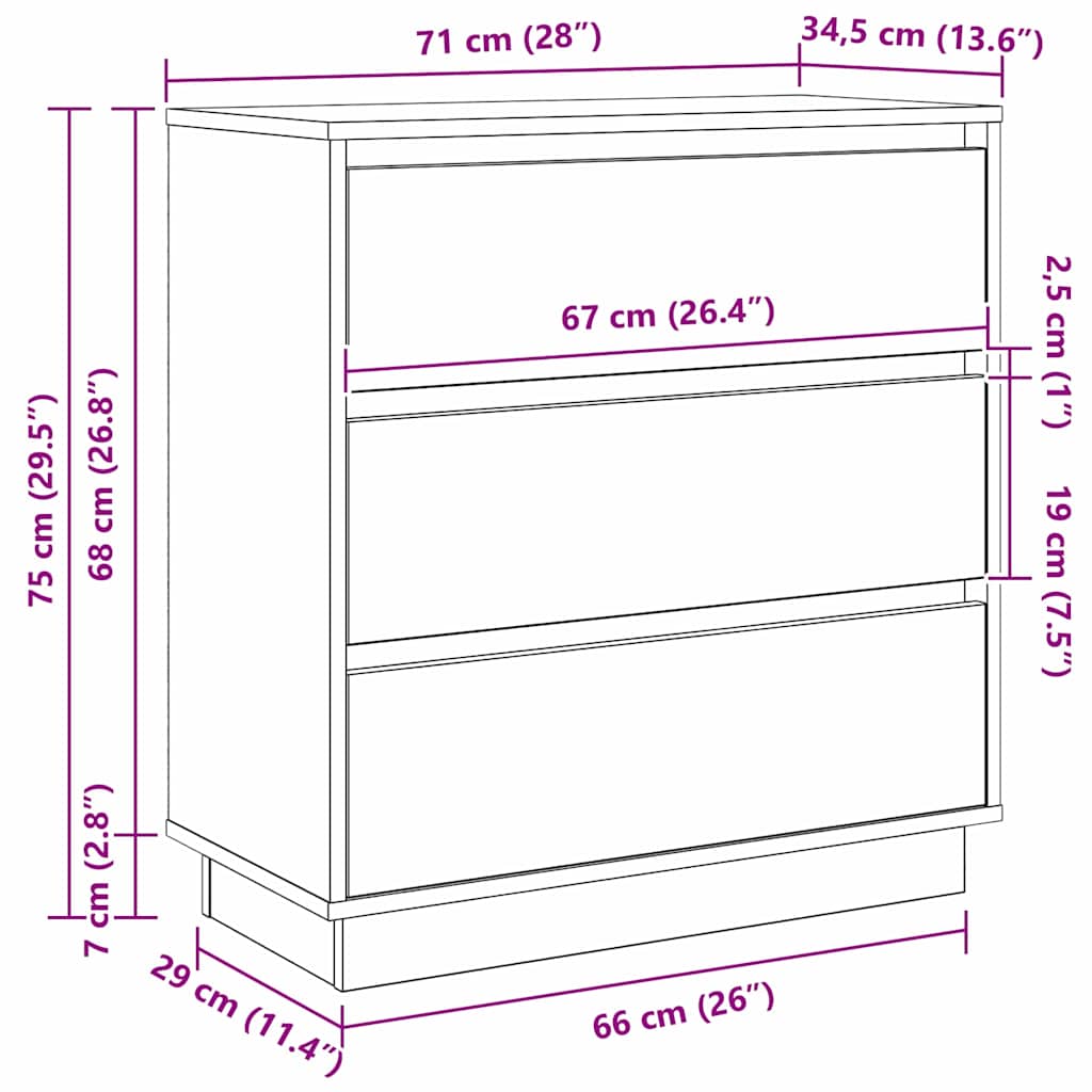vidaXL Κομοδίνο με συρτάρι Λευκό 71 x 34.5 x 75 εκ. Επεξεργασμένο ξύλο