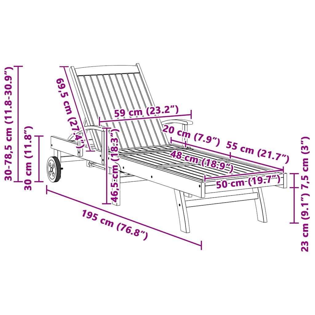vidaXL Ξαπλώστρα με μαξιλάρι Καφέ 195 x 59 x 78,5 cm Στερεό Ξύλο Τίκ