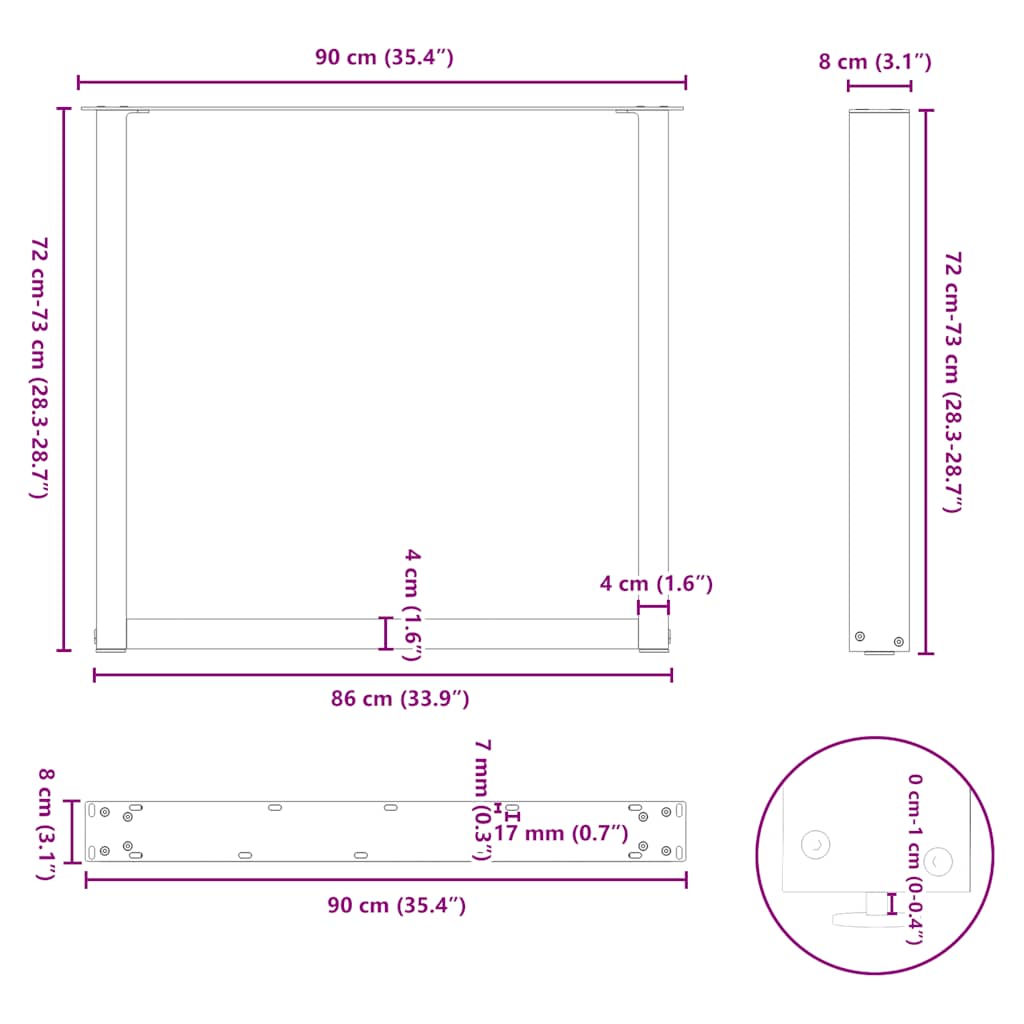 vidaXL Πόδια Τραπεζαρίας σε Σχήμα U 3 τεμ. από Φυσικό Ατσάλι 90x(72-73) εκ. Ατσάλι