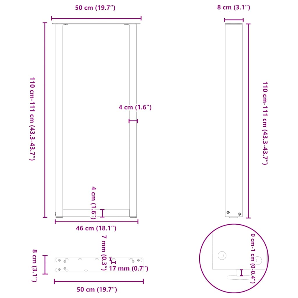 vidaXL Πόδια Τραπεζιού Μπαρ σε Σχήμα U 2 τεμ. Λευκά 50x (110-111) εκ. Ατσάλι