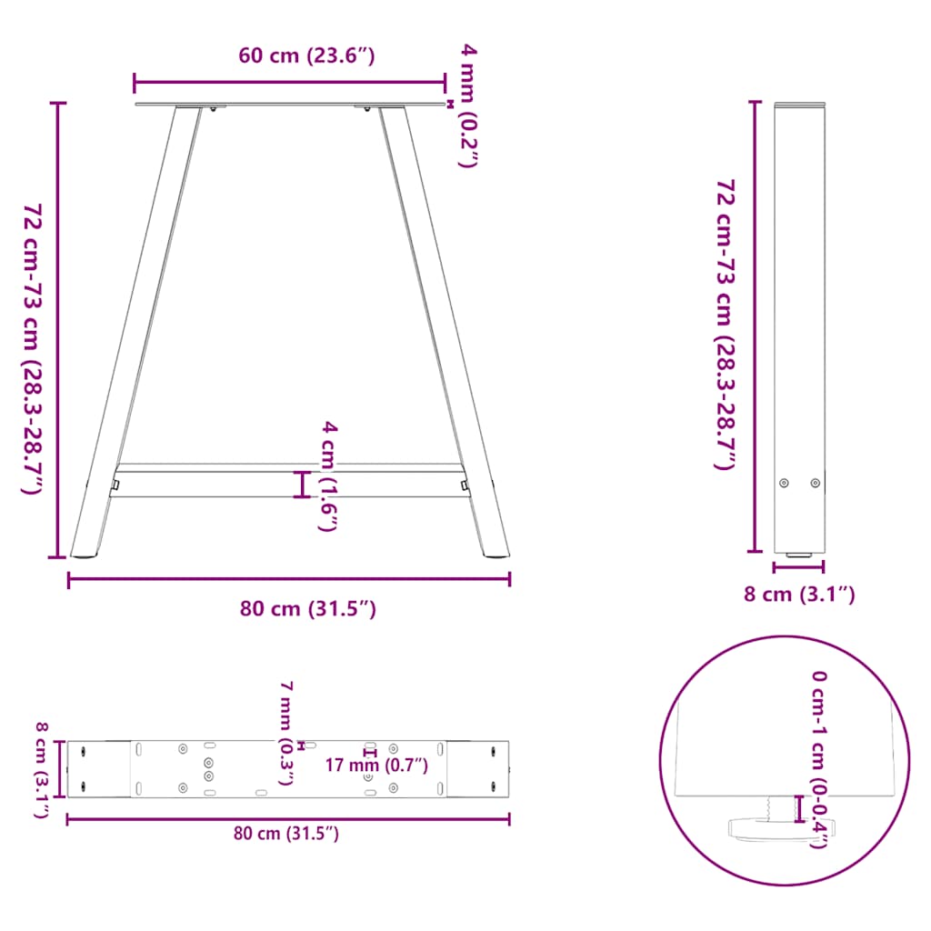 vidaXL Πόδια Τραπεζαρίας Σχήματος Α 2 τεμ. 80x(72-73) εκ. Ατσάλι