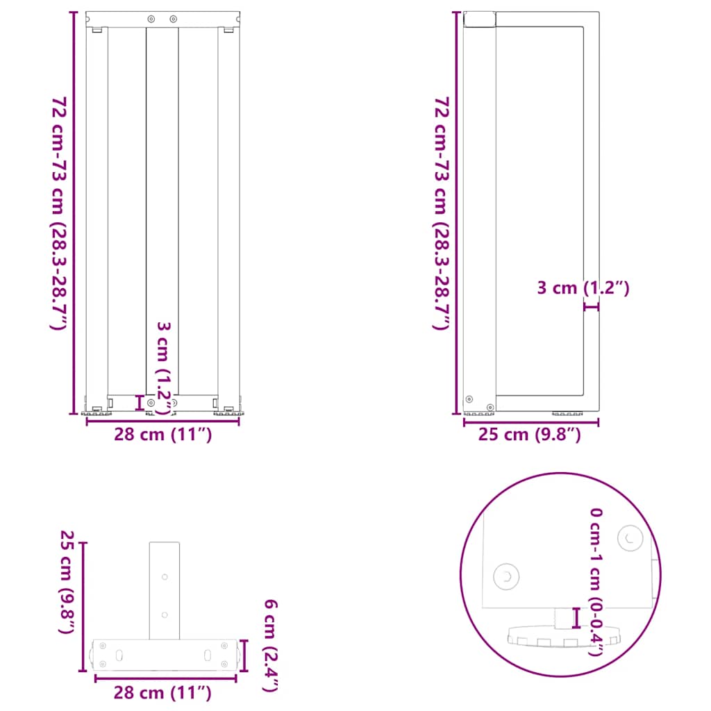 vidaXL Πόδια Κονσόλας σε Σχήμα Τ, 2 τεμ. Λευκά 25x28x(72-73) εκ. Ατσάλι
