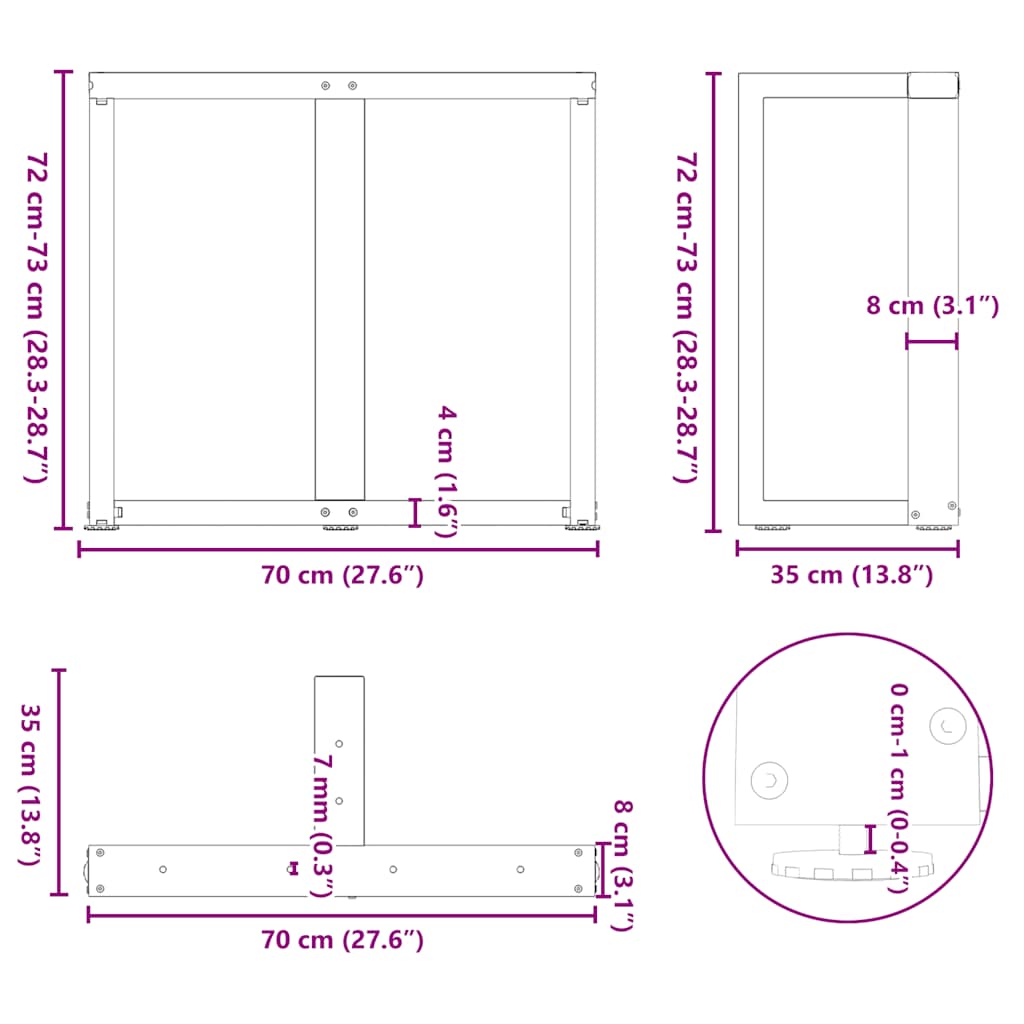 vidaXL Πόδια Τραπεζαρίας σε Σχήμα Τ, 2 τεμ. Μαύρο 70x35x(72-73) εκ. Ατσάλι
