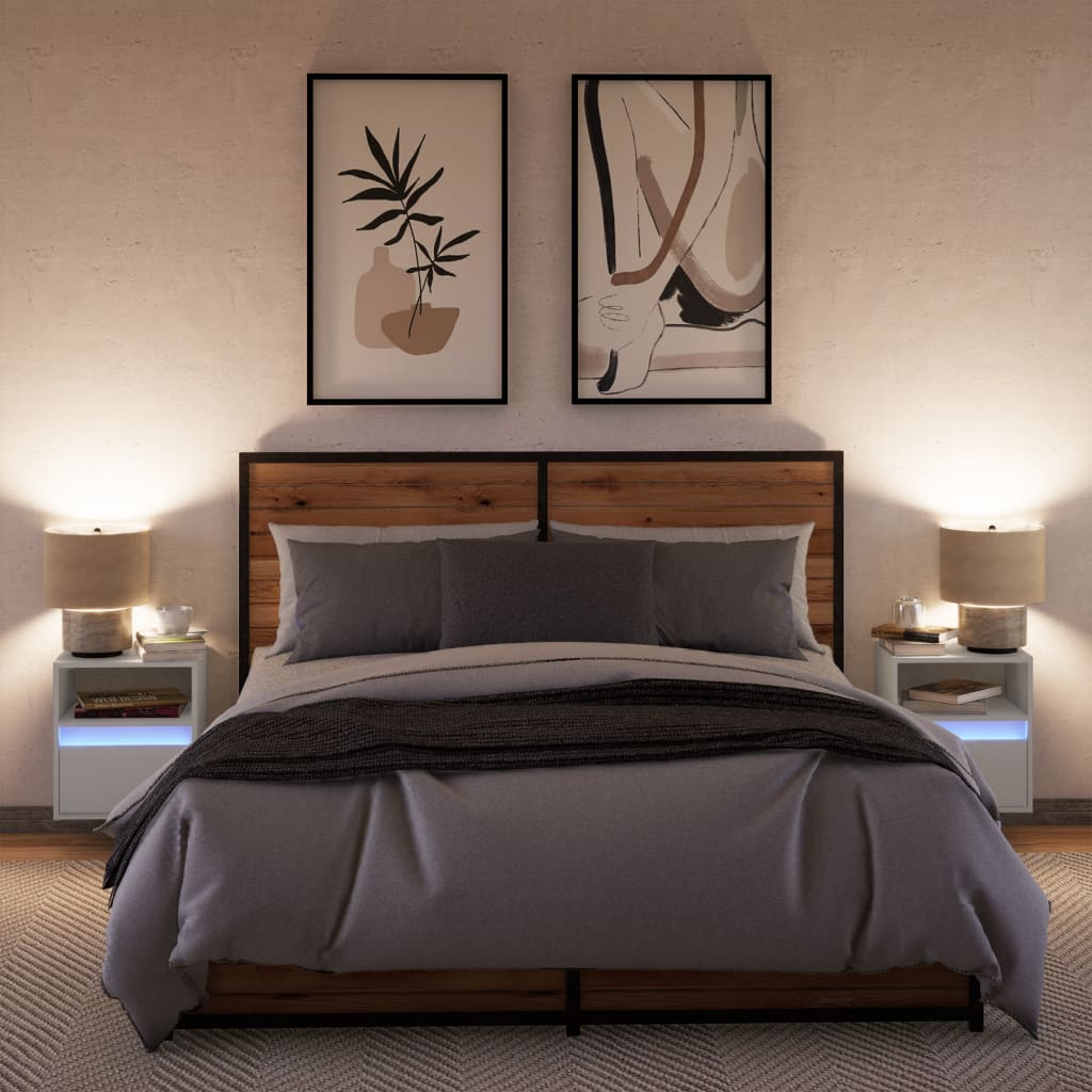 vidaXL Κομοδίνα Επιτοίχια με Φώτα LED 2 τεμ. Λευκά