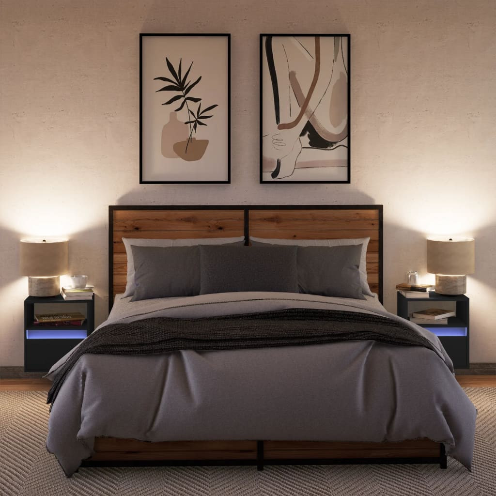 vidaXL Κομοδίνα Επιτοίχια με Φώτα LED 2 τεμ. Μαύρα