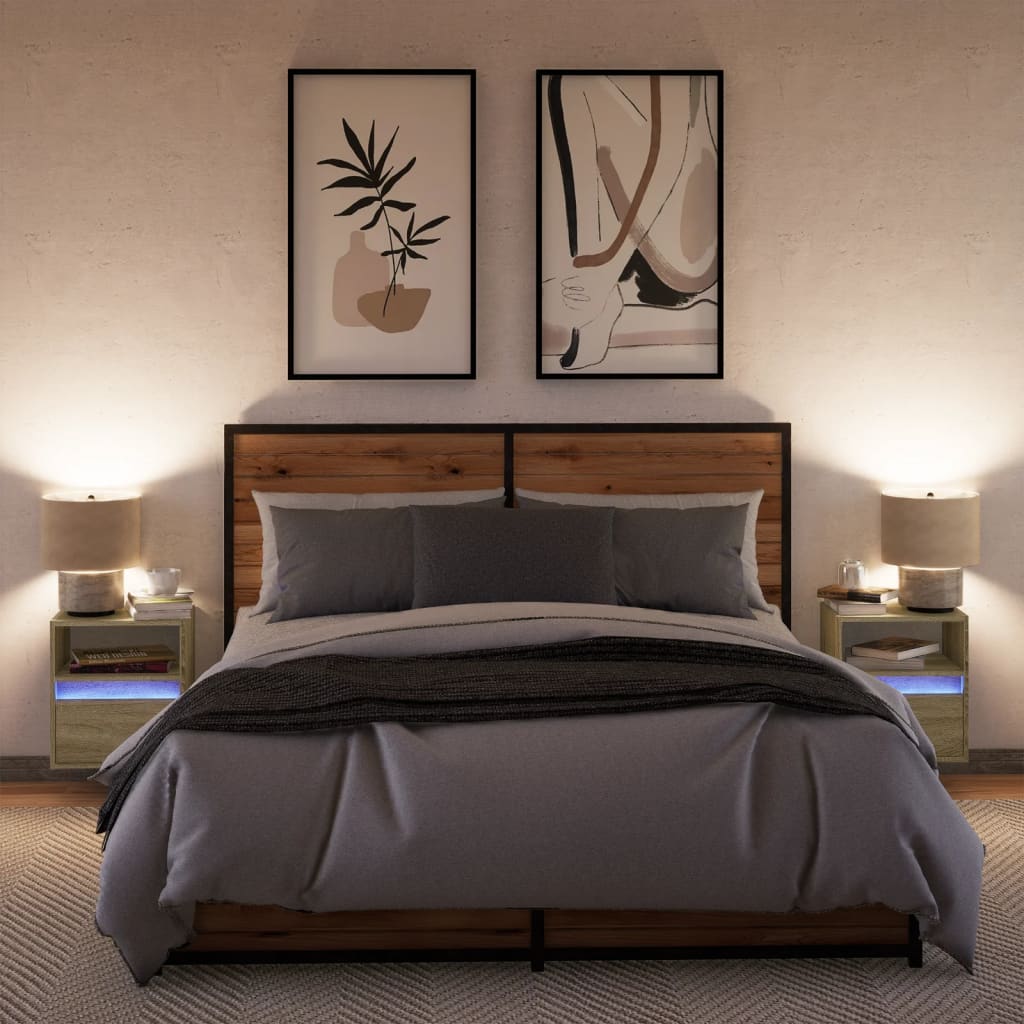 vidaXL Κομοδίνα Επιτοίχια με Φώτα LED 2 τεμ. Sonoma Δρυς