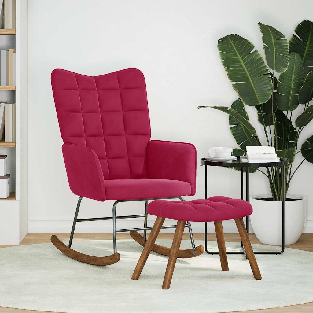 vidaXL Κουνιστή πολυθρόνα με σκαμνί Wine Red Velvet
