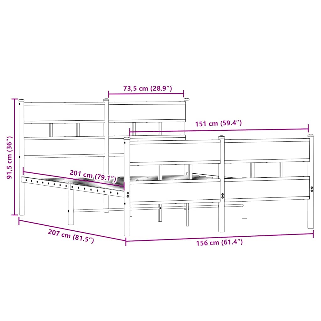 vidaXL Σκελετός Κρεβ. Χωρίς Στρώμα Sonoma Δρυς 150x200 εκ. Μεταλλικό