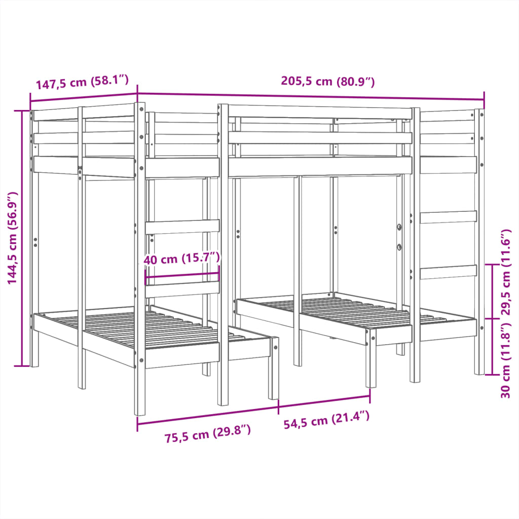 vidaXL Σκελετός Τριπλής Κουκέτας 140x200/70x140 εκ. Μασίφ Πεύκο