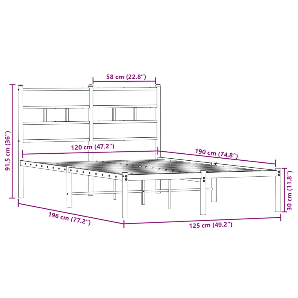 vidaXL Σκελετός Κρεβ. Χωρίς Στρώμα Sonoma Δρυς 120x190 εκ. Μεταλλικό
