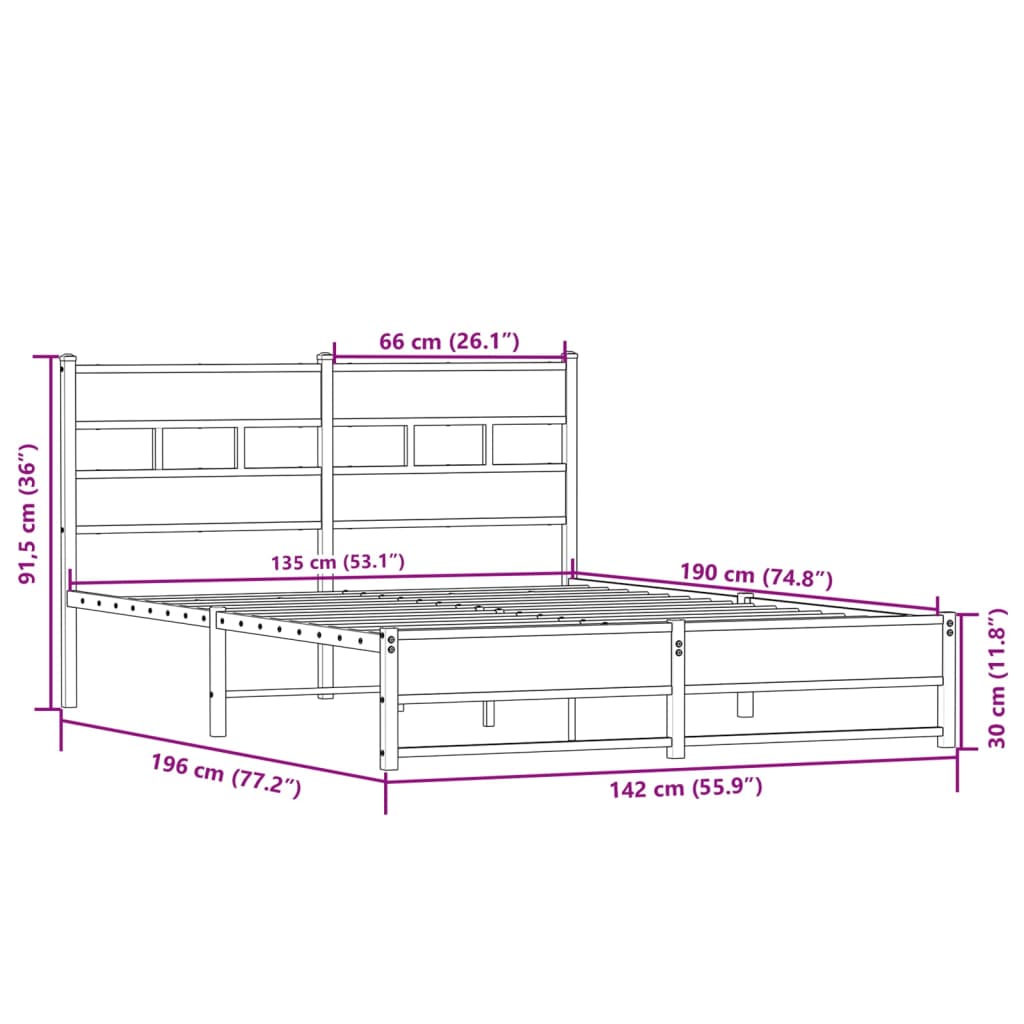 vidaXL Σκελετός Κρεβ. Χωρίς Στρώμα Sonoma Δρυς 135x190 εκ. Μεταλλικό