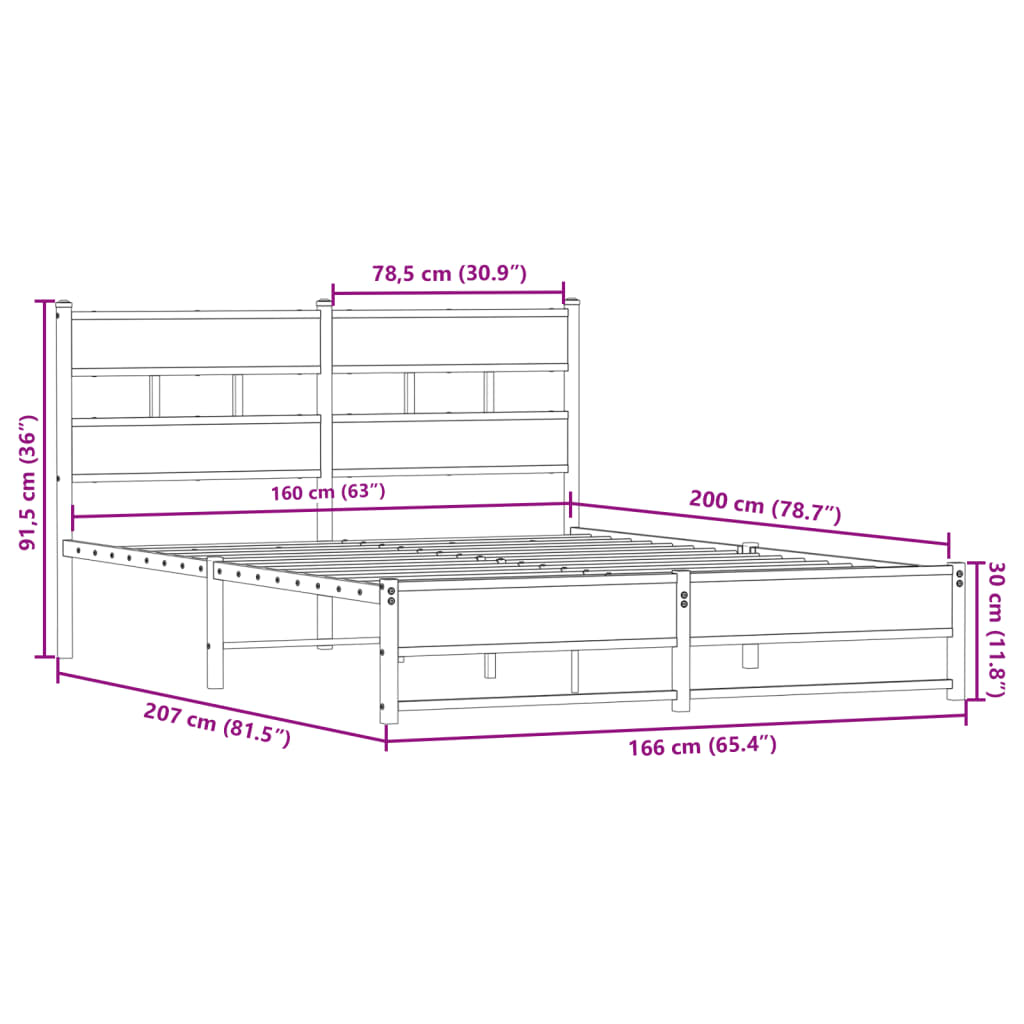 vidaXL Σκελετός Κρεβ. Χωρίς Στρώμα Sonoma Δρυς 160x200 εκ. Μεταλλικό