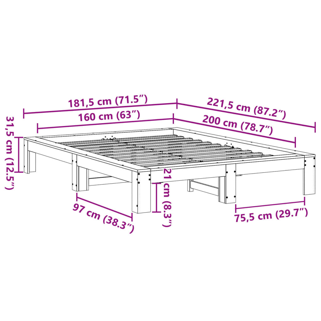 vidaXL Σκελετός Κρεβ. Χωρίς Στρώμα Λευκό 160x200 εκ Μασίφ Πεύκο