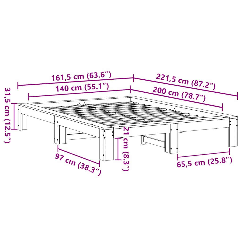 vidaXL Σκελετός Κρεβατιού Χωρίς Στρώμα 140x200 εκ Μασίφ Ξύλο Πεύκου