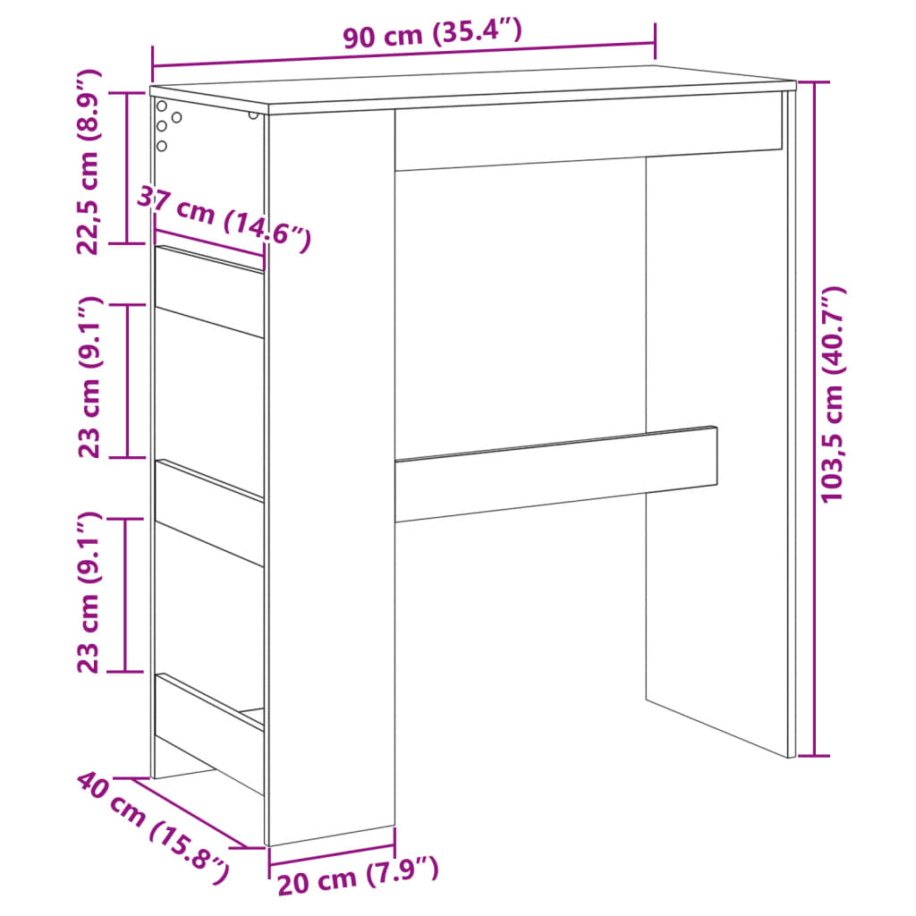 vidaXL Τραπέζι Μπαρ με Ράγες Sonoma Δρυς 90x40x103,5 εκ Επεξεργ. Ξύλο