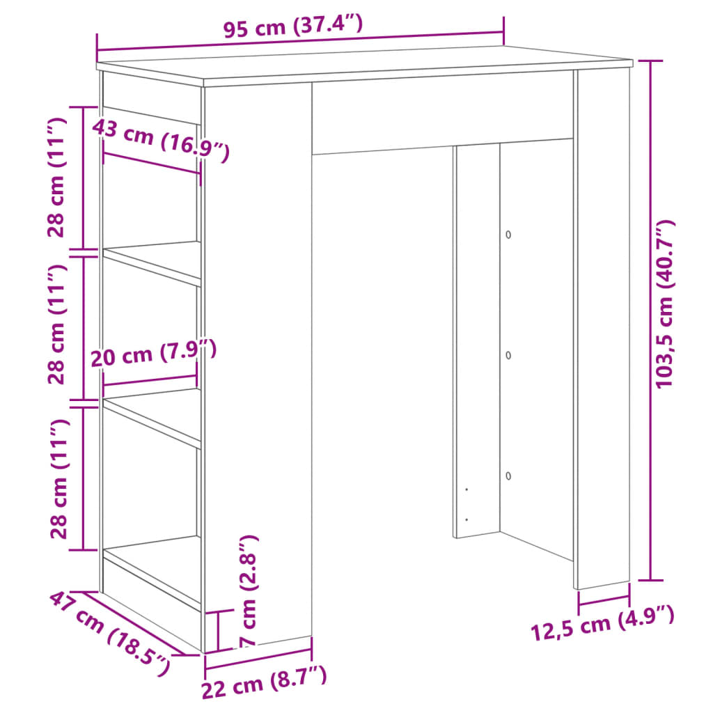 vidaXL Τραπέζι Μπαρ με Ράφια Λευκό 95x47x103,5 εκ. Επεξεργ. Ξύλο