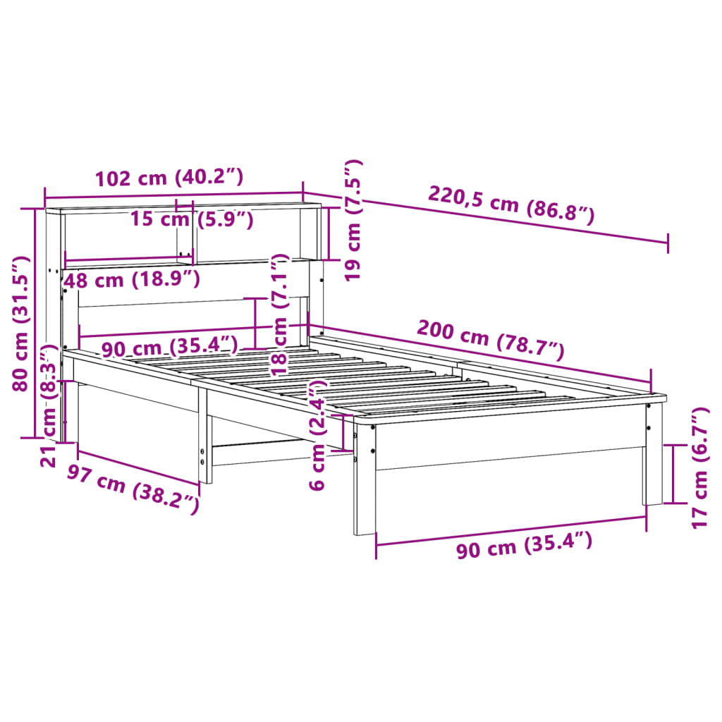 vidaXL Κρεβάτι Βιβλιοθήκη Χωρίς Στρώμα 90x200 εκ Μασίφ Ξύλο Πεύκου