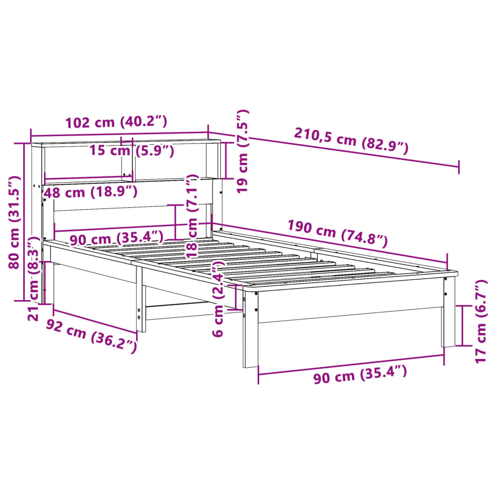 vidaXL Κρεβάτι Βιβλιοθήκη Χωρίς Στρώμα 90x190 εκ Μασίφ Ξύλο Πεύκου