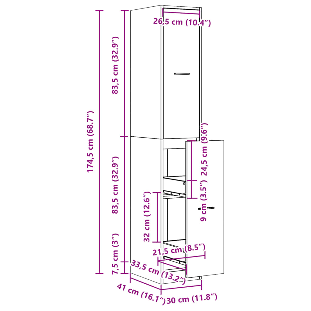 vidaXL Συρταριέρα Γενικής Χρήσης Γκρι Σκυρ.30x41x174,5 εκ. Επεξ. Ξύλο