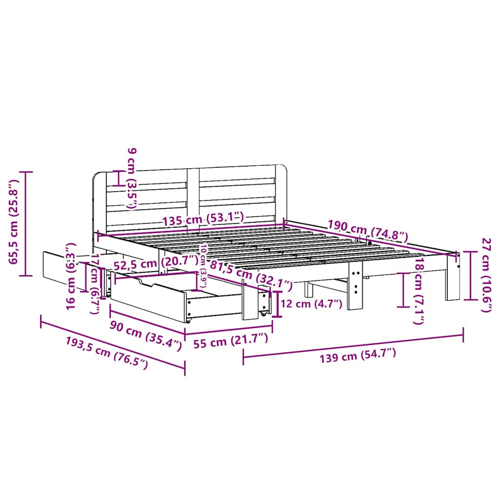 vidaXL Σκελετός Κρεβ. Χωρίς Στρώμα Λευκό 135x190 εκ Μασίφ Πεύκο