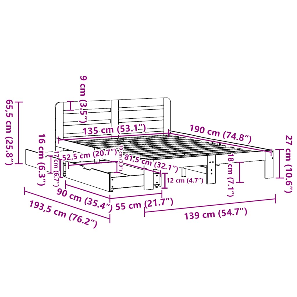 vidaXL Σκελετός Κρεβ. Χωρίς Στρώμα Καφέ Κεριού 135x190 εκ Μασίφ Πεύκο