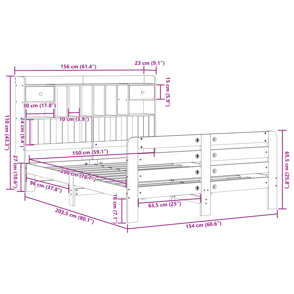 vidaXL Κρεβάτι Βιβλιοθήκη Χωρίς Στρώμα 150x200 εκ Μασίφ Ξύλο Πεύκου