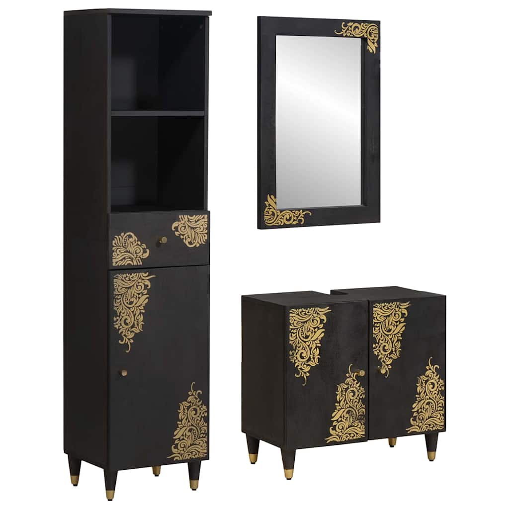 vidaXL Σετ Ντουλαπιών Μπάνιου Επιτοίχιο 3 pcs Μαύρο Στερεό ξύλο μάνγκο