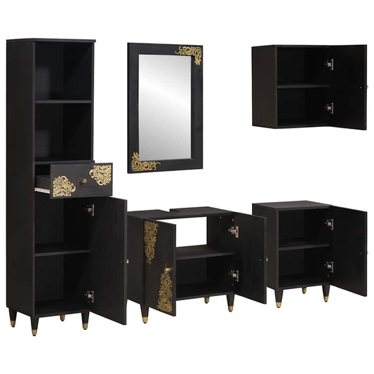 vidaXL Σετ Ντουλαπιών Μπάνιου Επιτοίχιο 5 pcs Μαύρο Στερεό ξύλο μάνγκο