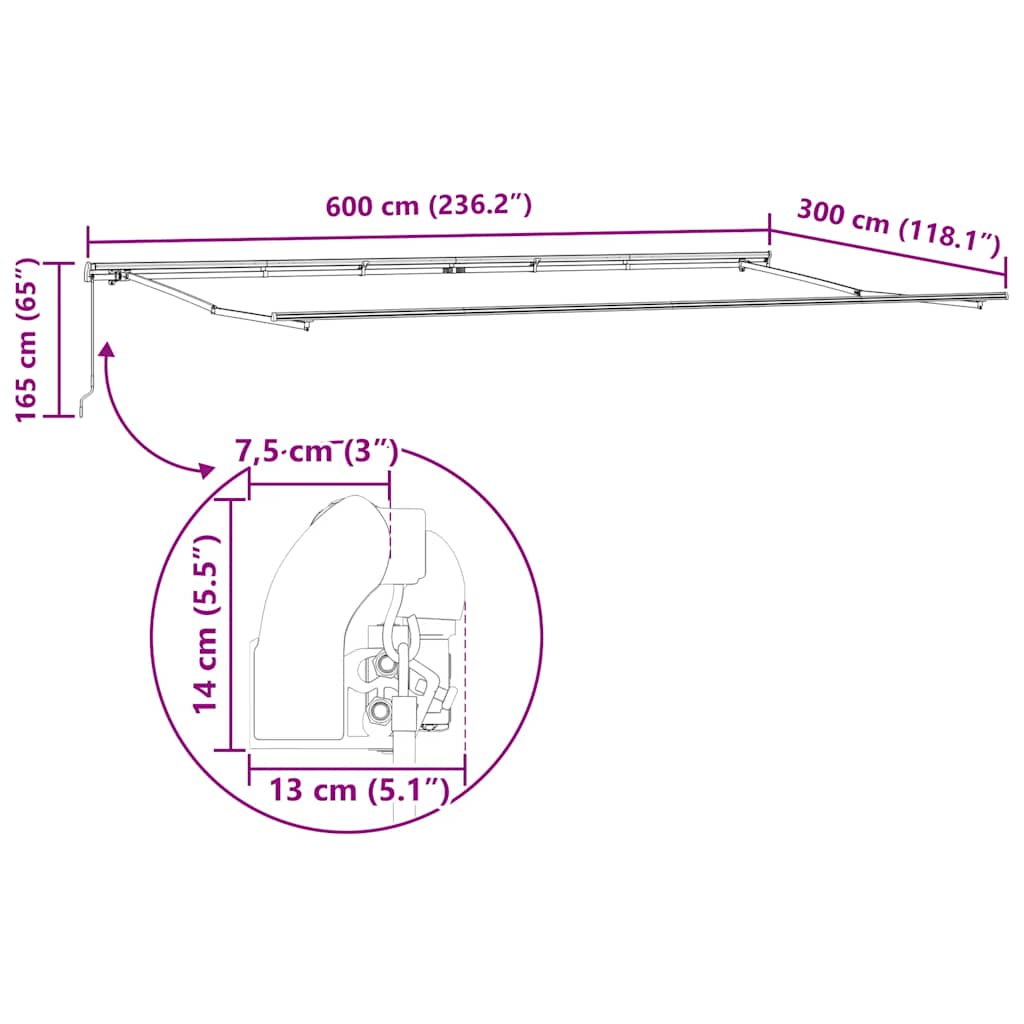vidaXL Χειροκίνητη αναδιπλούμενη τέντα ανθρακί και λευκό 600x300 cm