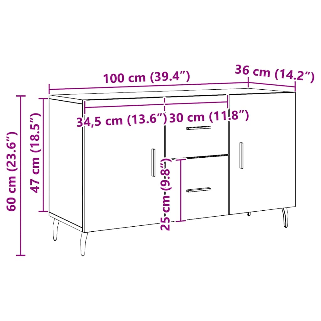 vidaXL Μπουφές Αρτισιανή Δρυς 100 x 36 x 60 εκ. Επεξεργασμένο Ξύλο