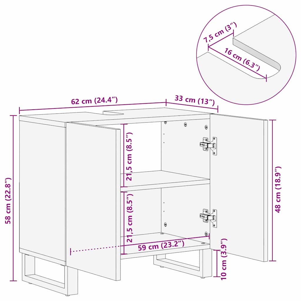 vidaXL Ντουλάπι Νεροχύτη 62 x 33 x 58 εκ. από Στερεό Ξύλο Μάνγκο και Τεχνητό Ξύλο