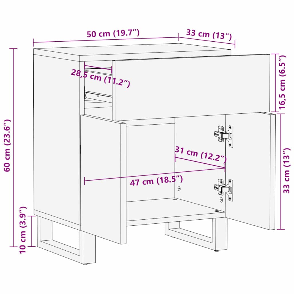 vidaXL Κομοδίνο Λευκό και μαύρο 50 x 33 x 60 εκ Μασίφ ξύλο μάνγκο
