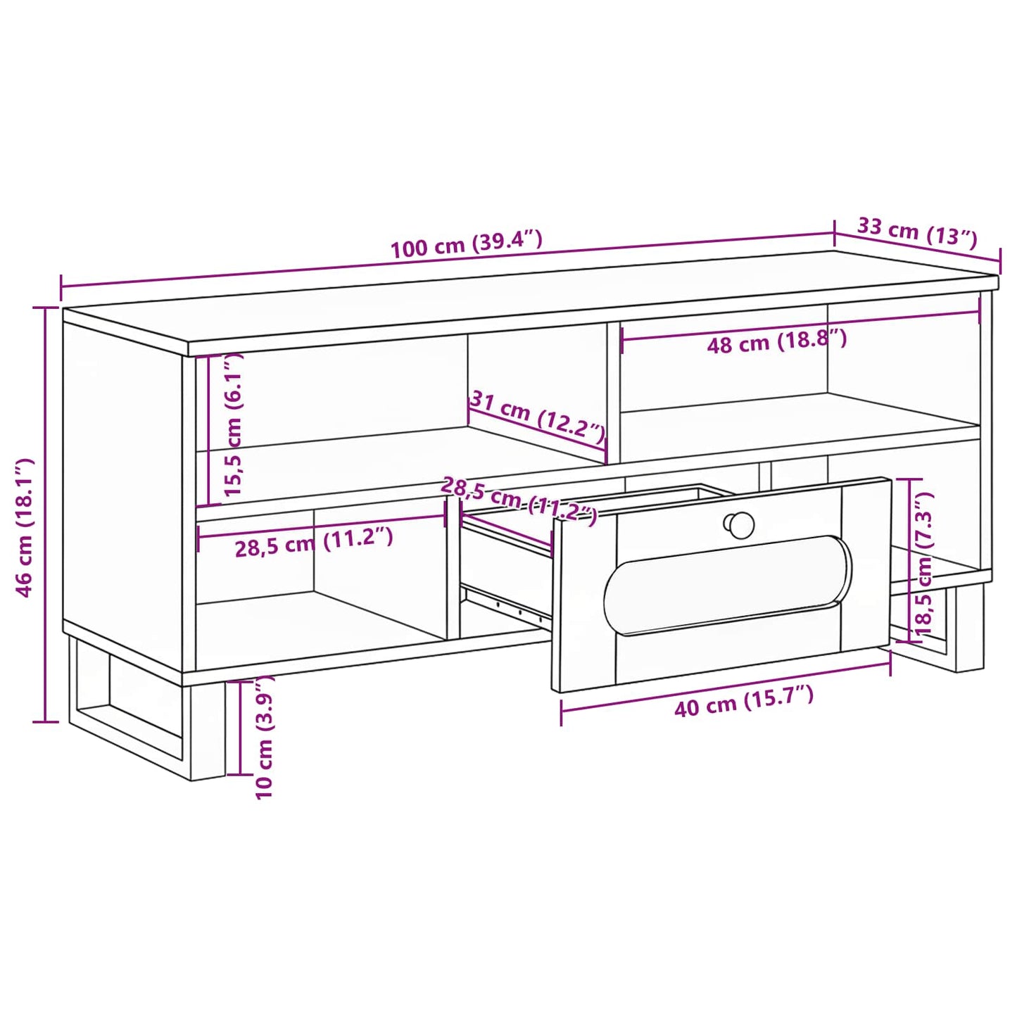 vidaXL Ντουλάπι TV με συρτάρι Καφέ 100 x 33 x 46 εκ Στερεό ξύλο μάνγκο