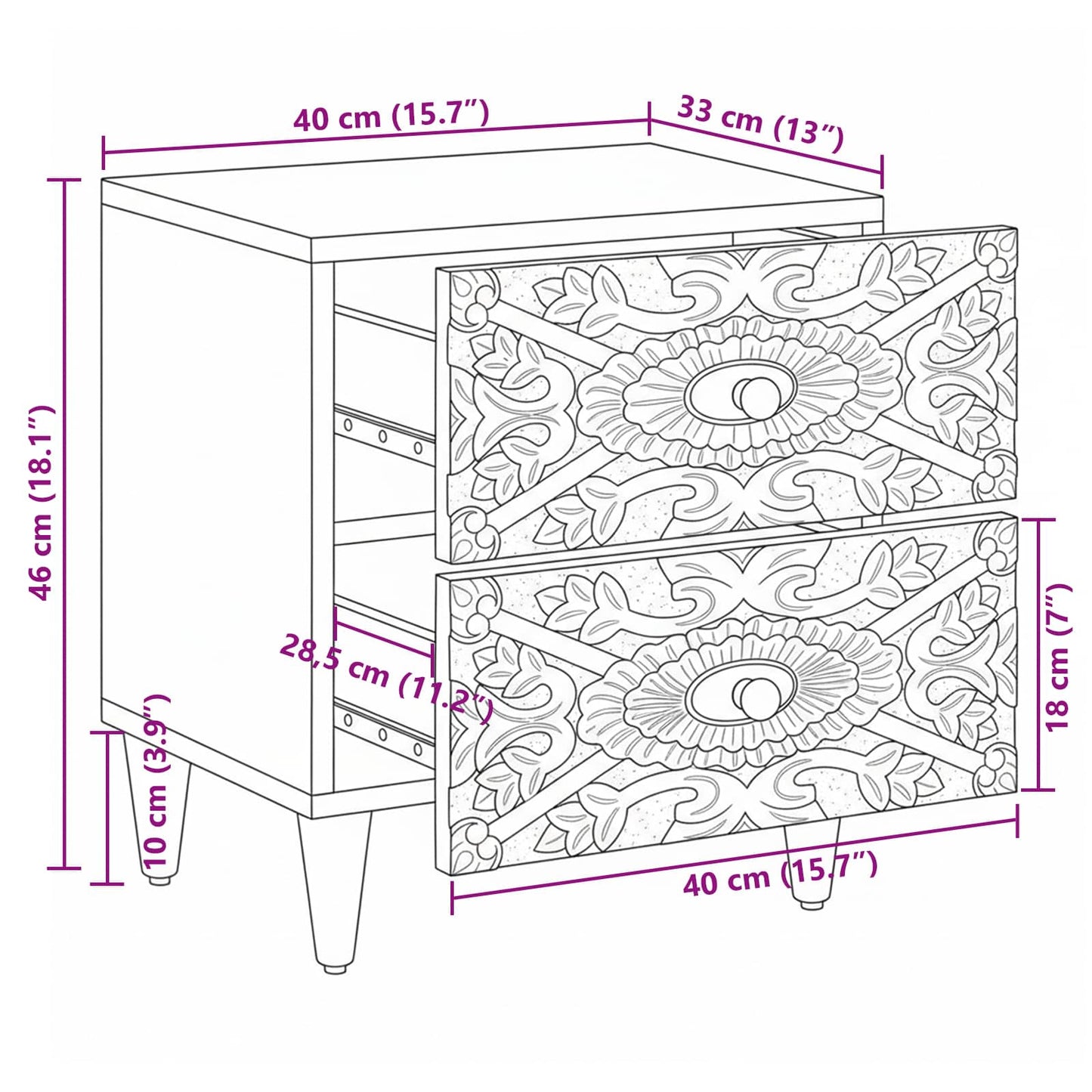 vidaXL Κομοδίνο με συρτάρι Λευκό 40 x 33,5 x 46 εκ Στερεό ξύλο μάνγκο